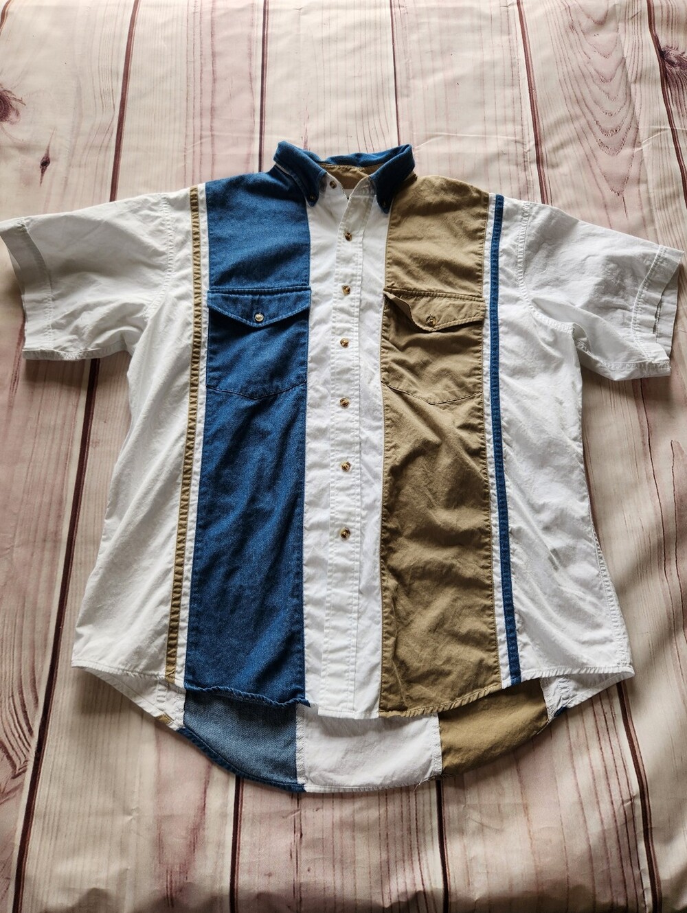 Plains Western Stripe Button Up Short Sleeve Shirt White Tan Blue, Men's Size L